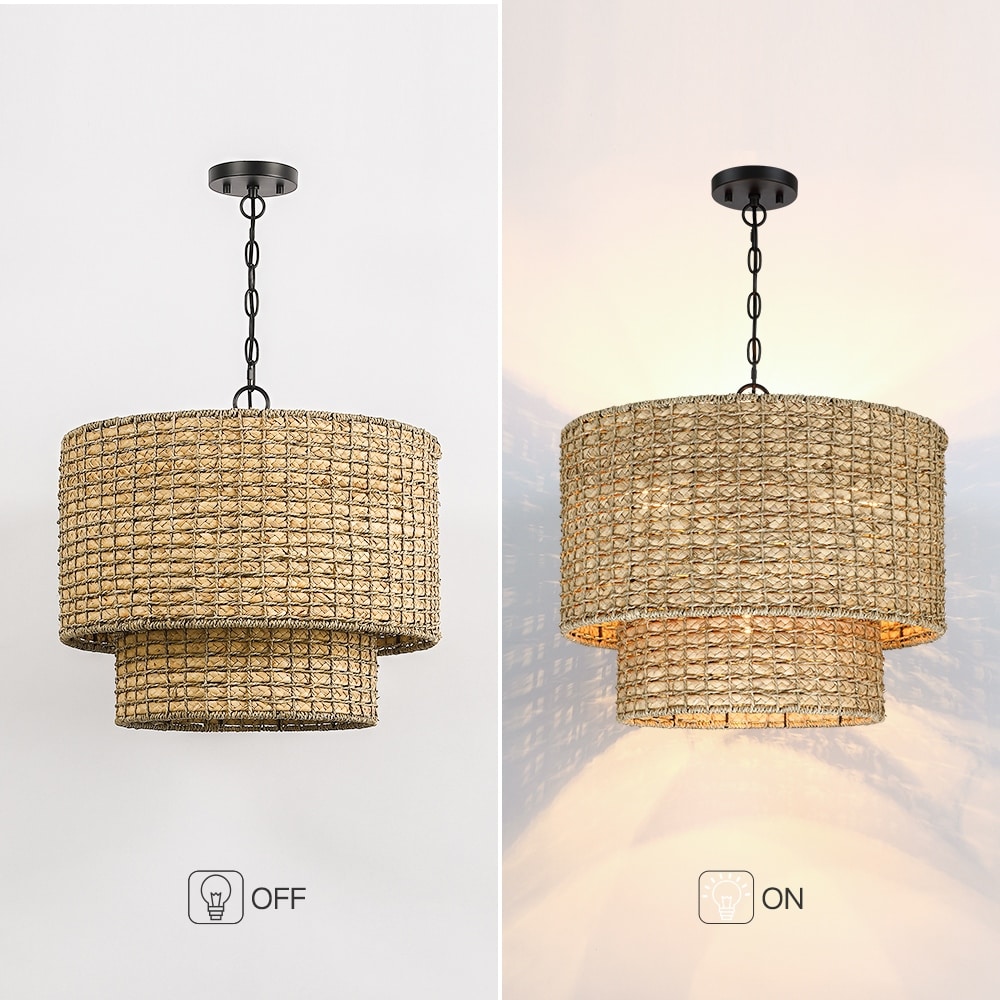 Suspension tambour traditionnelle en rotin naturel à 4 lumières avec auvent noir - Noir/ocre - 50,8 cm de largeur