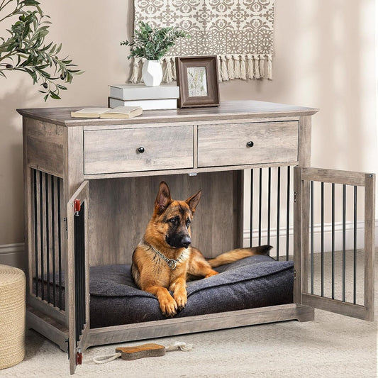 Cage pour chien Bossin de 111 cm de large, table d'appoint en bois avec tiroirs de rangement, niche décorative pour animaux de compagnie.