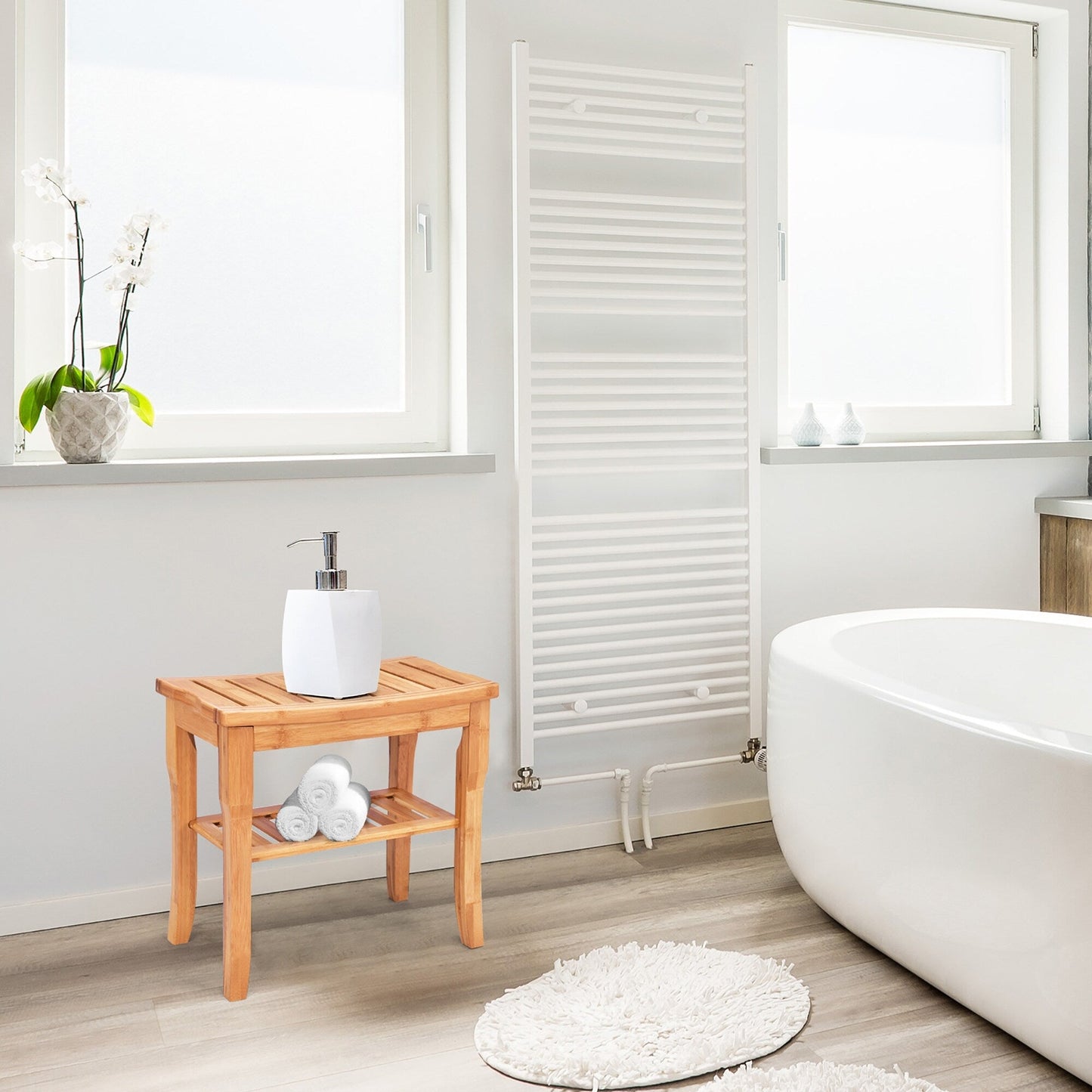 Banc de douche en bambou naturel avec étagère de rangement pour salle de bain et spa - Naturel