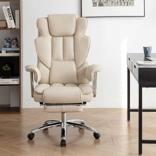 Fauteuil de bureau ergonomique pivotant à 360° en cuir reconstitué beige, dossier haut, soutien lombaire, repose-pieds et hauteur réglable.