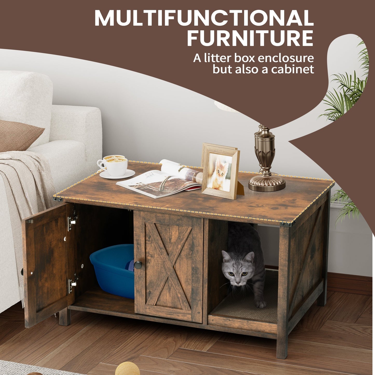 Enceinte de litière pour chat, meuble de toilette en bois caché avec griffoir