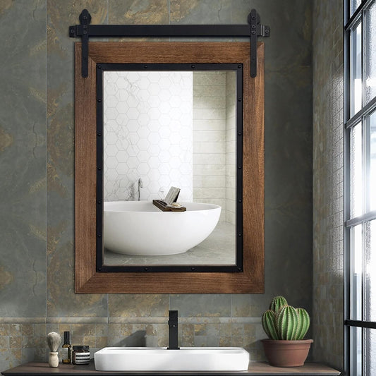 Miroir mural de salle de bain en bois naturel style porte de grange