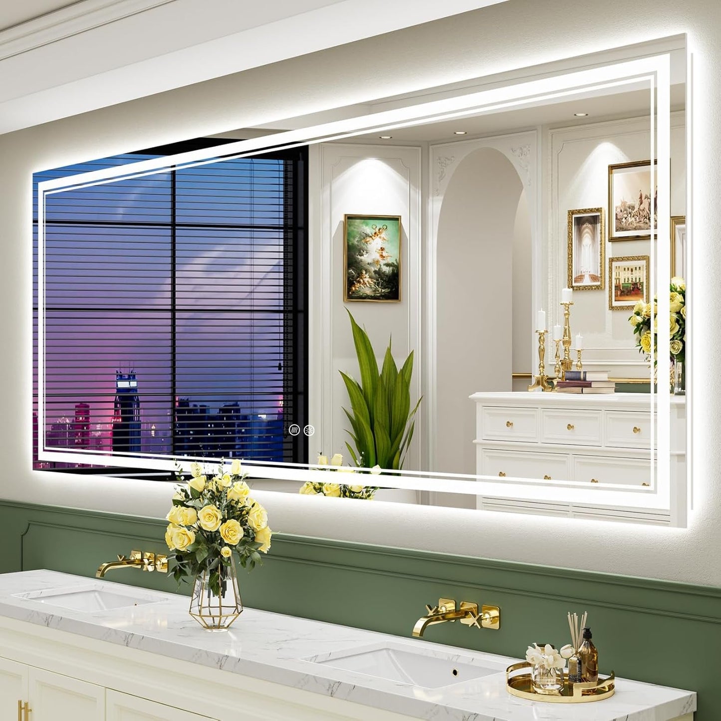 Miroir de salle de bain mural en verre trempé antibuée avec éclairage LED avant et arrière, pleine grandeur