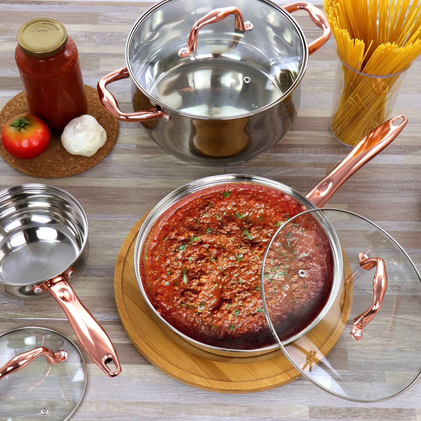 Batterie de cuisine Gibson Home Bransonville 8 pièces en acier inoxydable, chrome et bronze