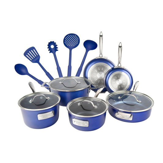 Batterie de cuisine antiadhésive Granitestone Blue Stackmaster 15 pièces avec couvercles en verre