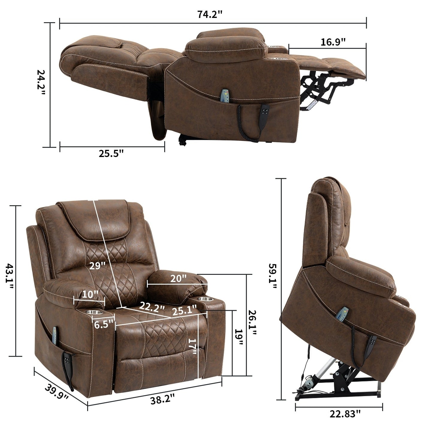 Fauteuil inclinable électrique surdimensionné en cuir PU avec fonction massage, chauffage lombaire, porte-gobelet et inclinaison à 180°