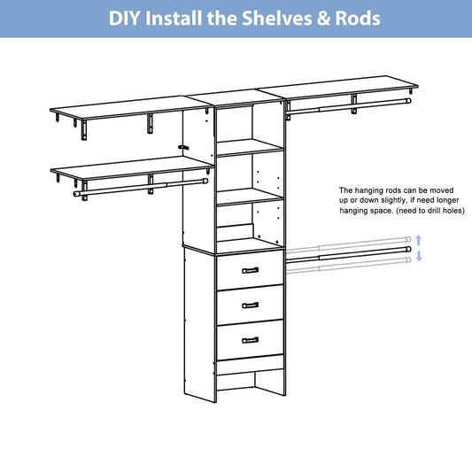 Rackcog Organiseur de placard réglable de 120 pouces avec tiroirs, système de placard avec étagères de bricolage pour placards et dressings