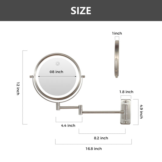 Miroir de maquillage mural rond de 8 pouces pour salle de bain, rechargeable, grossissement 1x/10x, 3 couleurs d'éclairage
