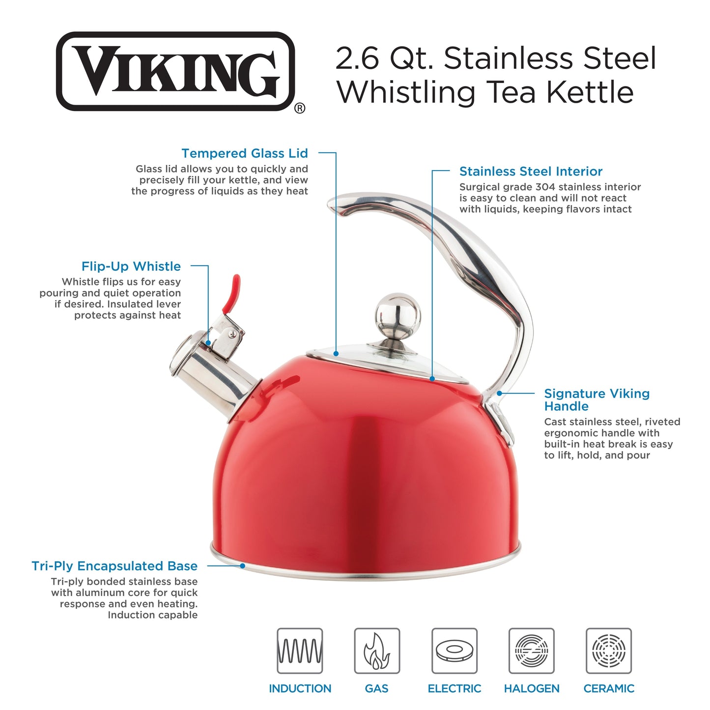 Bouilloire sifflante Viking en acier inoxydable rouge de 2,6 litres avec base à 3 couches
