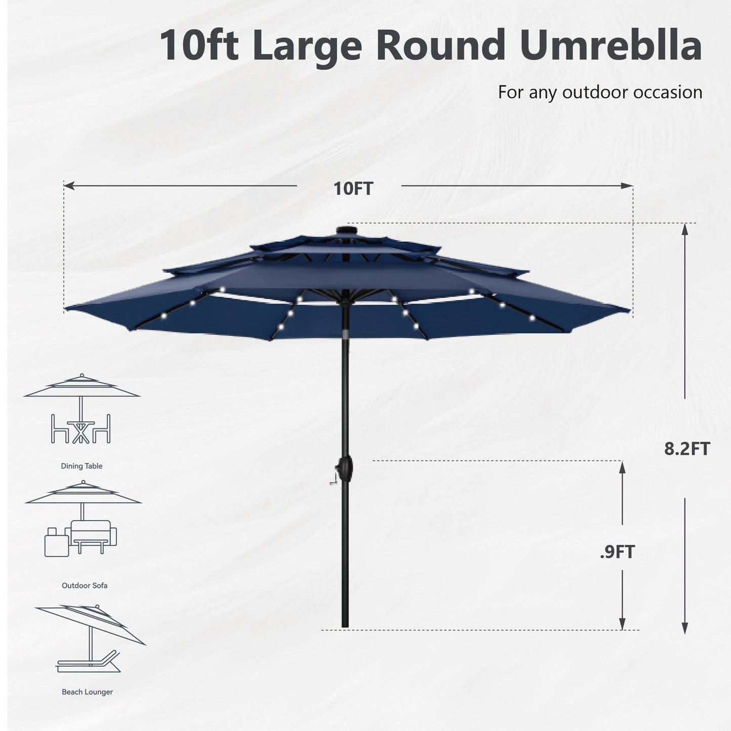 Parasol de terrasse inclinable à 3 niveaux de 10 pieds de MAISON ARTS, parasol d'extérieur à double ventilation avec lumières LED