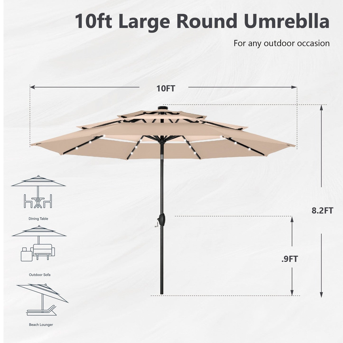 Parasol de terrasse inclinable à 3 niveaux de 10 pieds de MAISON ARTS, parasol d'extérieur à double ventilation avec lumières LED