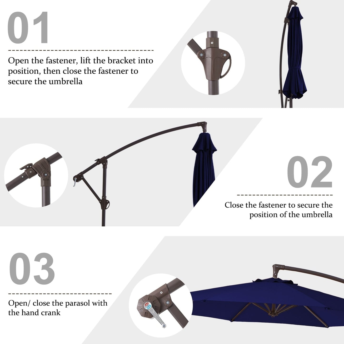 Parasol déporté suspendu à manivelle en acier de 3 m