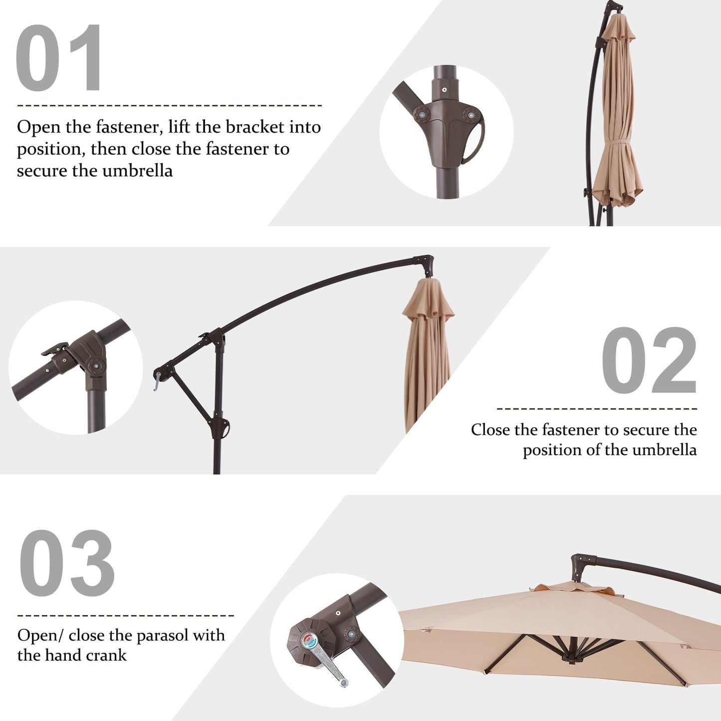 Parasol déporté suspendu à manivelle en acier de 3 m