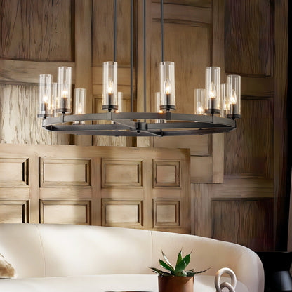 Lustre à 12 lumières en forme de roue de chariot, style moderne du milieu du siècle, en verre transparent, style doré/noir, grand modèle