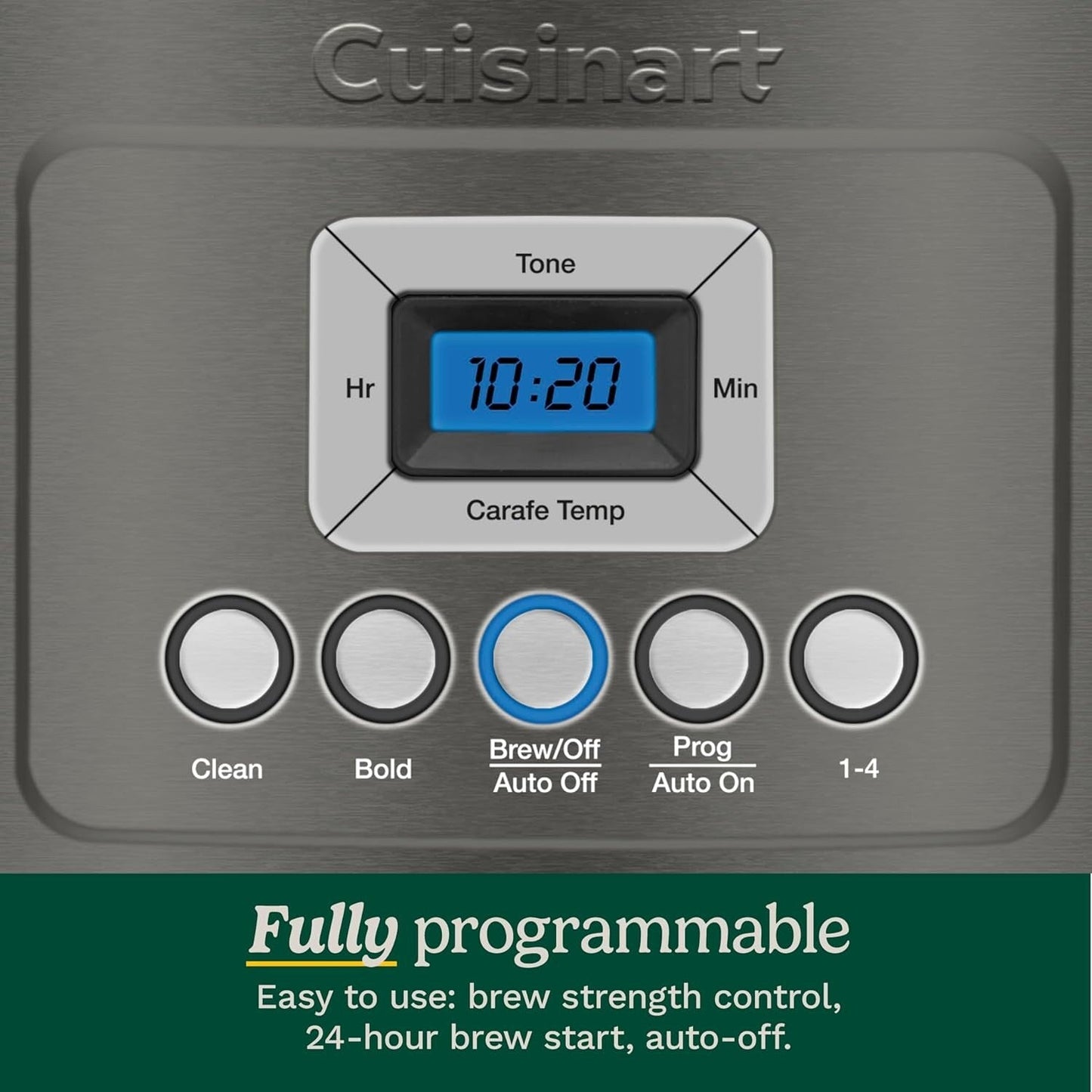 Cafetière programmable 14 tasses, carafe en verre, réglage de l'intensité de l'infusion, réglage de 1 à 4 tasses, acier inoxydable noir