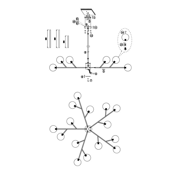 Lustre linéaire moderne à 15 lumières pour îlot de cuisine Sputnik avec branches et globes en verre