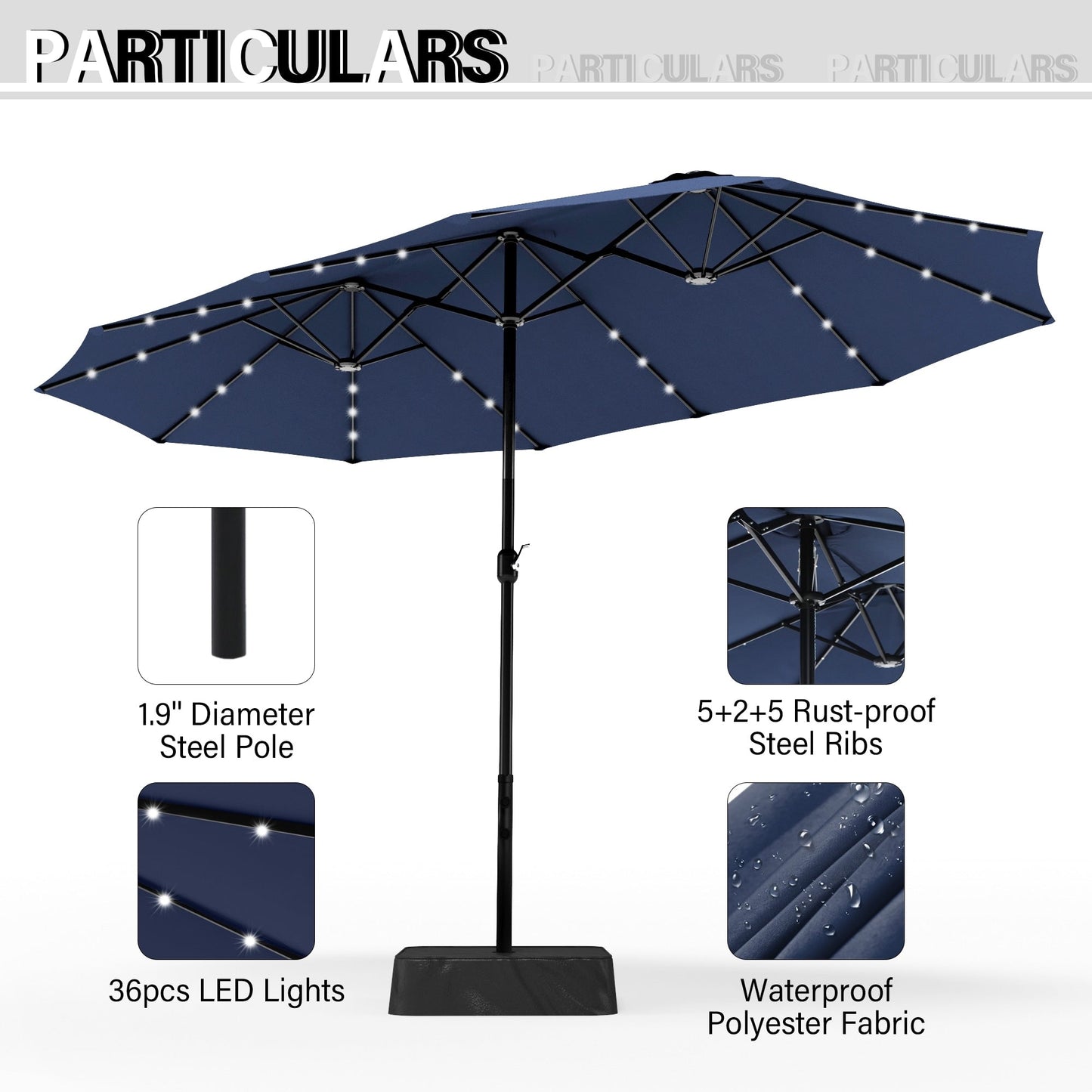 Parasol de marché extérieur rectangulaire à manivelle double face de 15 pieds, parasol de patio éclairé par LED solaire avec base incluse