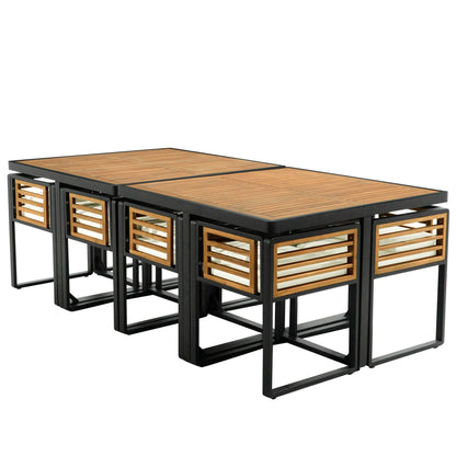 Ensemble de salle à manger de patio en bois d'acacia 18 pièces, 8 chaises rembourrées, 8 poufs et 2 tables carrées