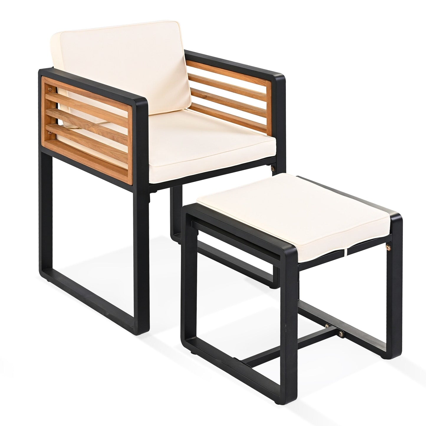 Ensemble de salle à manger de patio en bois d'acacia 18 pièces, 8 chaises rembourrées, 8 poufs et 2 tables carrées