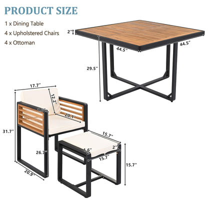 Ensemble de salle à manger de patio en bois d'acacia 18 pièces, 8 chaises rembourrées, 8 poufs et 2 tables carrées
