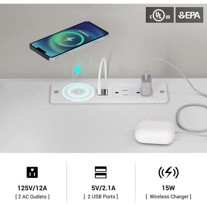 Table de chevet à 2 tiroirs avec éclairage LED et station de recharge sans fil. Étagère coulissante.