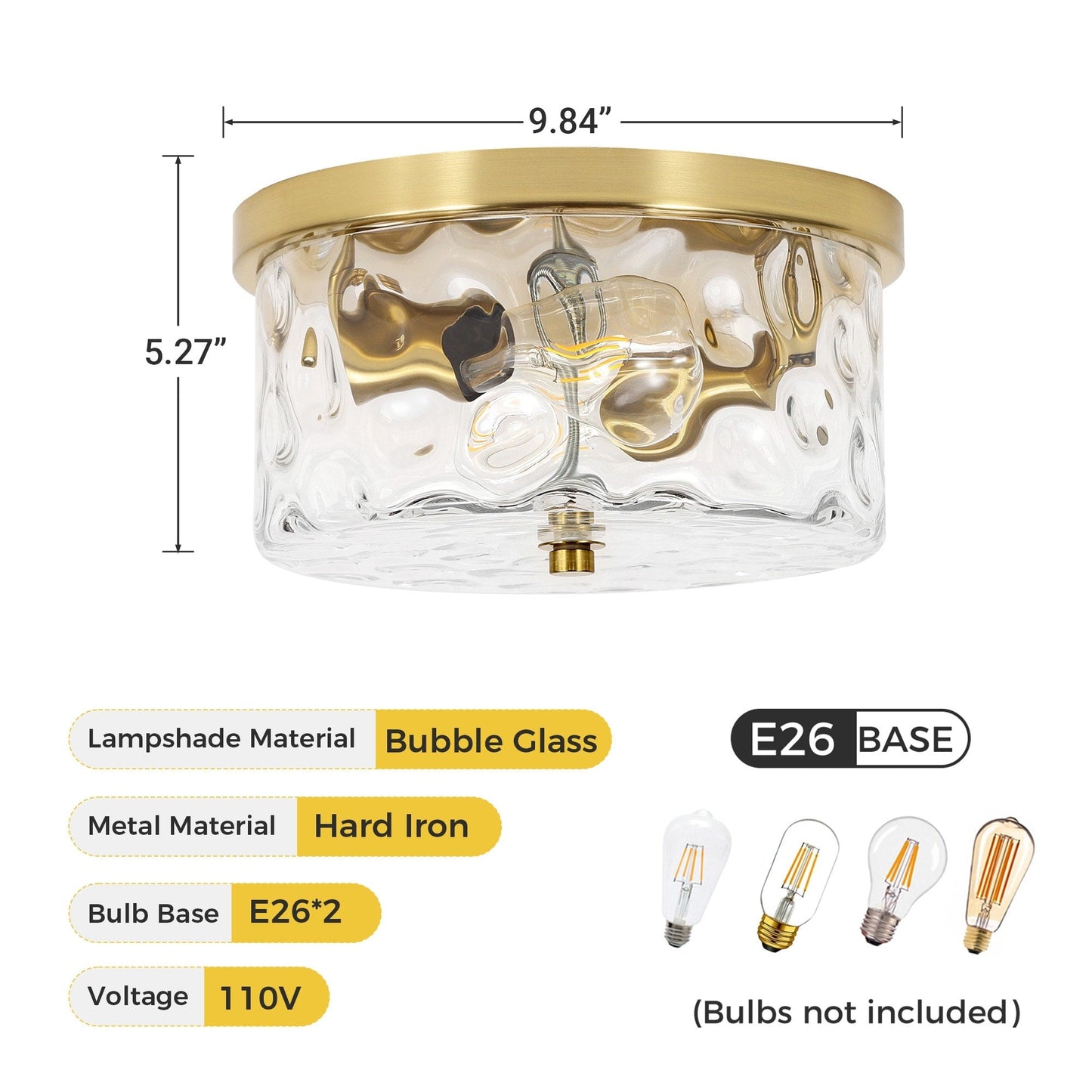Plafonnier encastré à 2 lumières avec verre martelé transparent