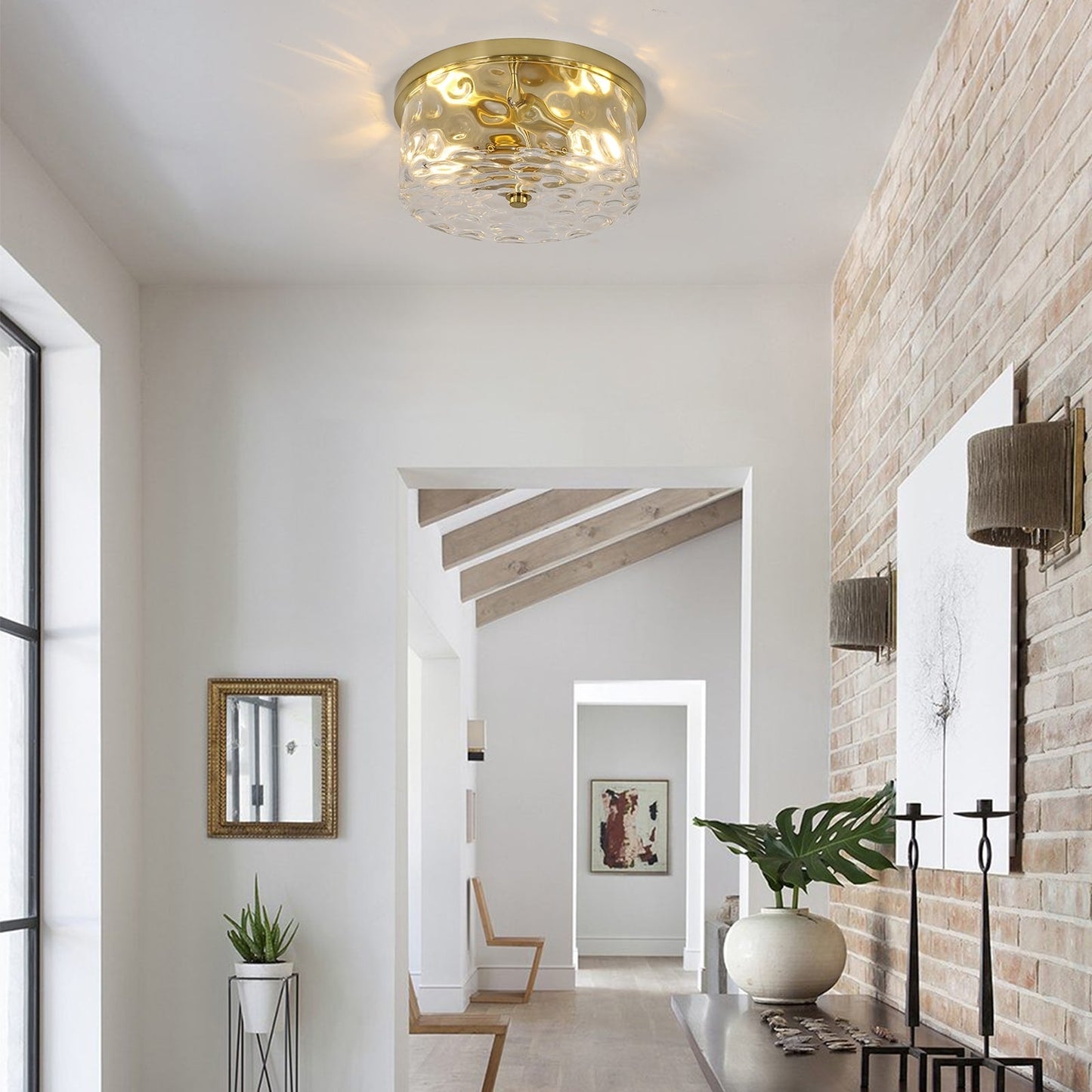 Plafonnier encastré à 2 lumières avec verre martelé transparent