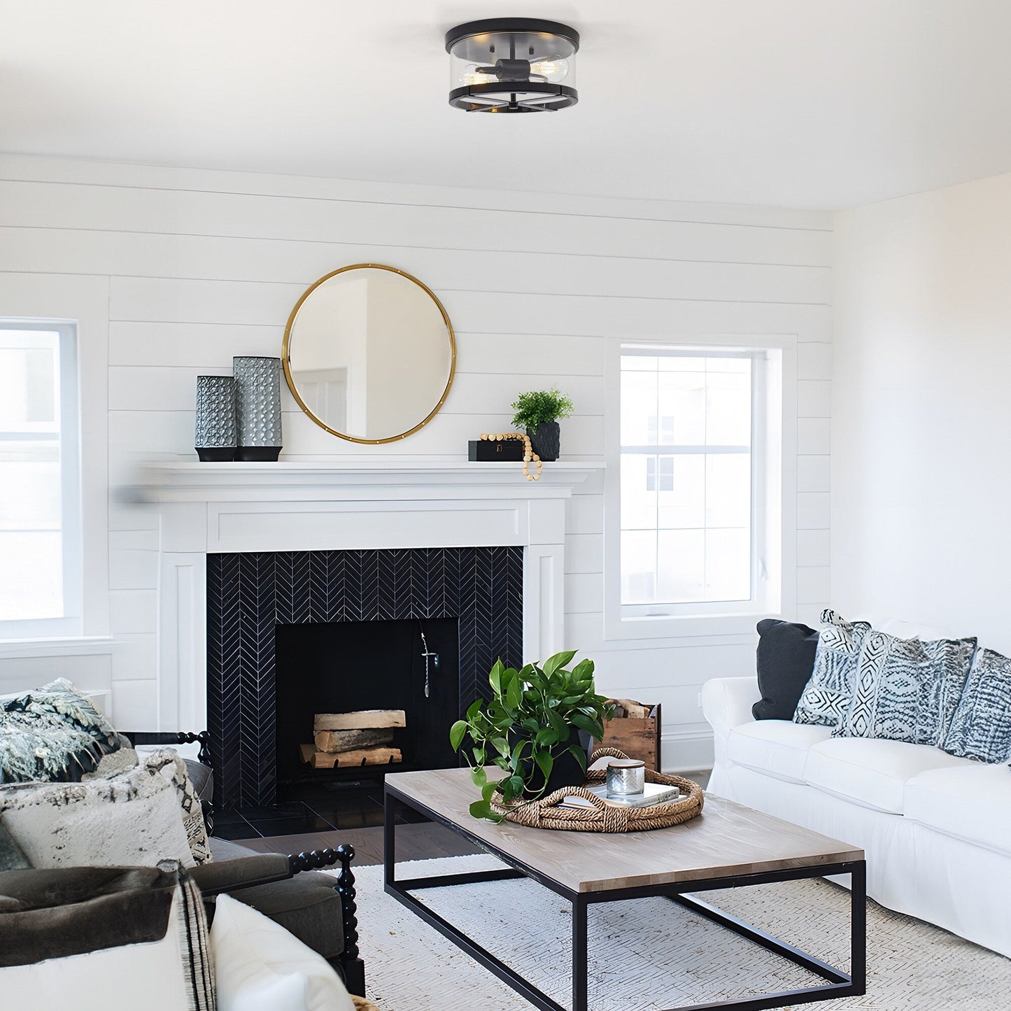 Plafonnier encastré à 2 lumières en verre transparent avec cadre en métal