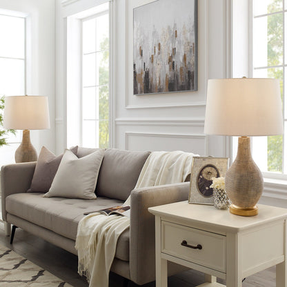 Lampe de table de style campagnard beige délavé/doré de 24,5 pouces avec abat-jour en lin blanc (lot de 2) - 24,5 H