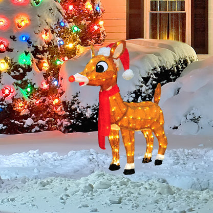 Décoration de jardin 3D Rudolph pré-illuminée à LED (24 pouces) : Rudolph avec bonnet et écharpe de Père Noël.