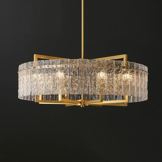 Lustre tambour moderne en cristal doré de 66 cm, 6 lumières, à intensité variable, style glamour, pour îlot de cuisine avec verre dépoli, pour salle à manger