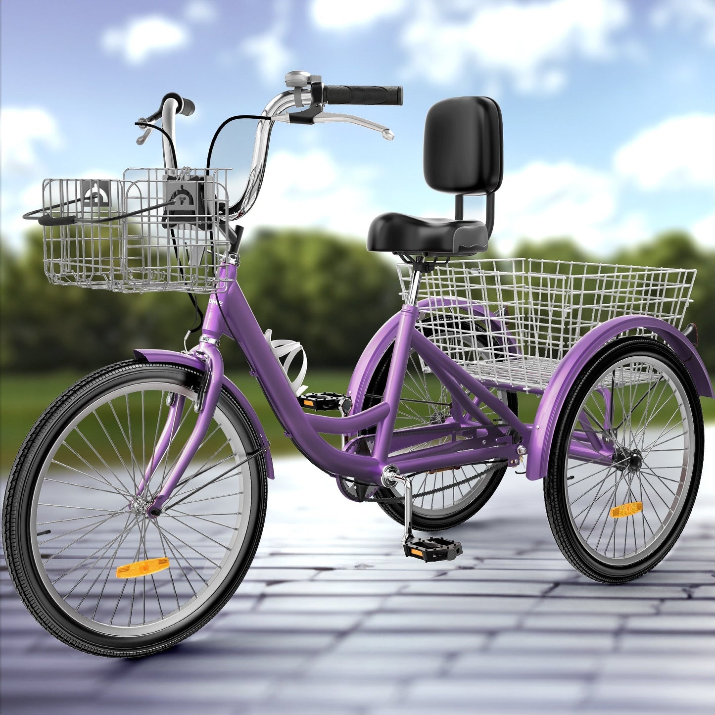 Tricycle bleu pour adulte, 26 vélos à 3 roues avec paniers amovibles