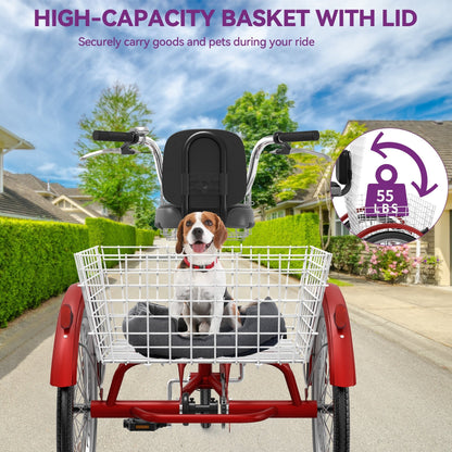 Tricycle bleu pour adulte, 26 vélos à 3 roues avec paniers amovibles