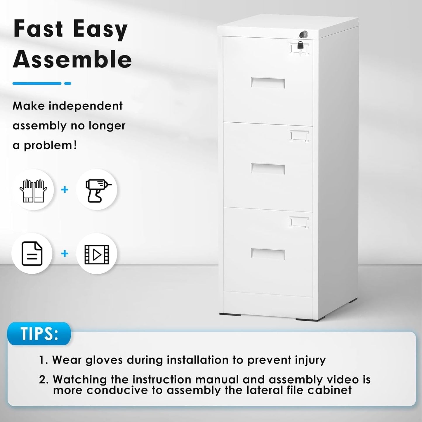 Classeur métallique à 3 tiroirs verrouillables pour bureau à domicile, meuble roulant entièrement assemblé