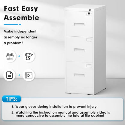 Classeur métallique à 3 tiroirs verrouillables pour bureau à domicile, meuble roulant entièrement assemblé