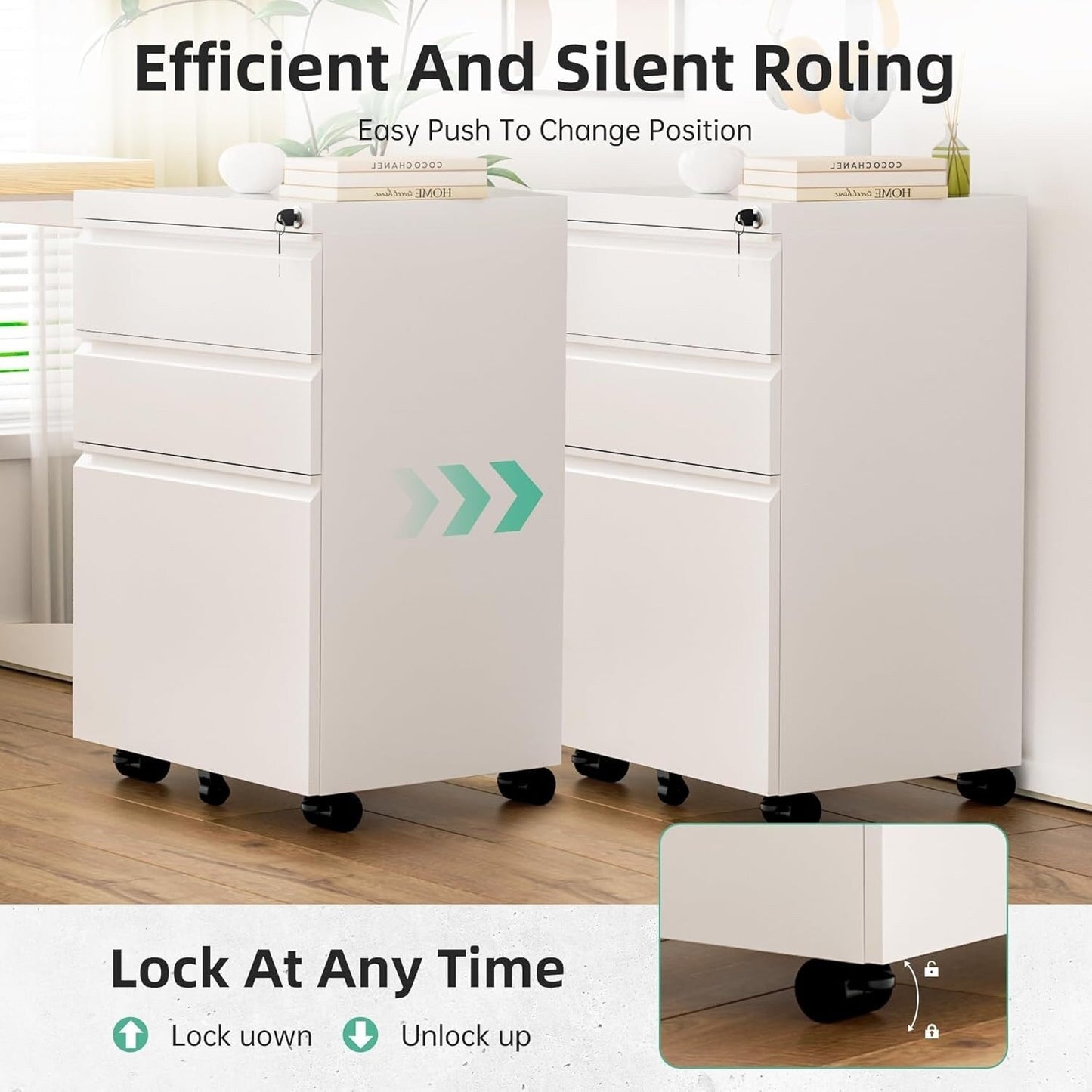 Classeur métallique à 3 tiroirs verrouillables pour bureau à domicile, meuble roulant entièrement assemblé
