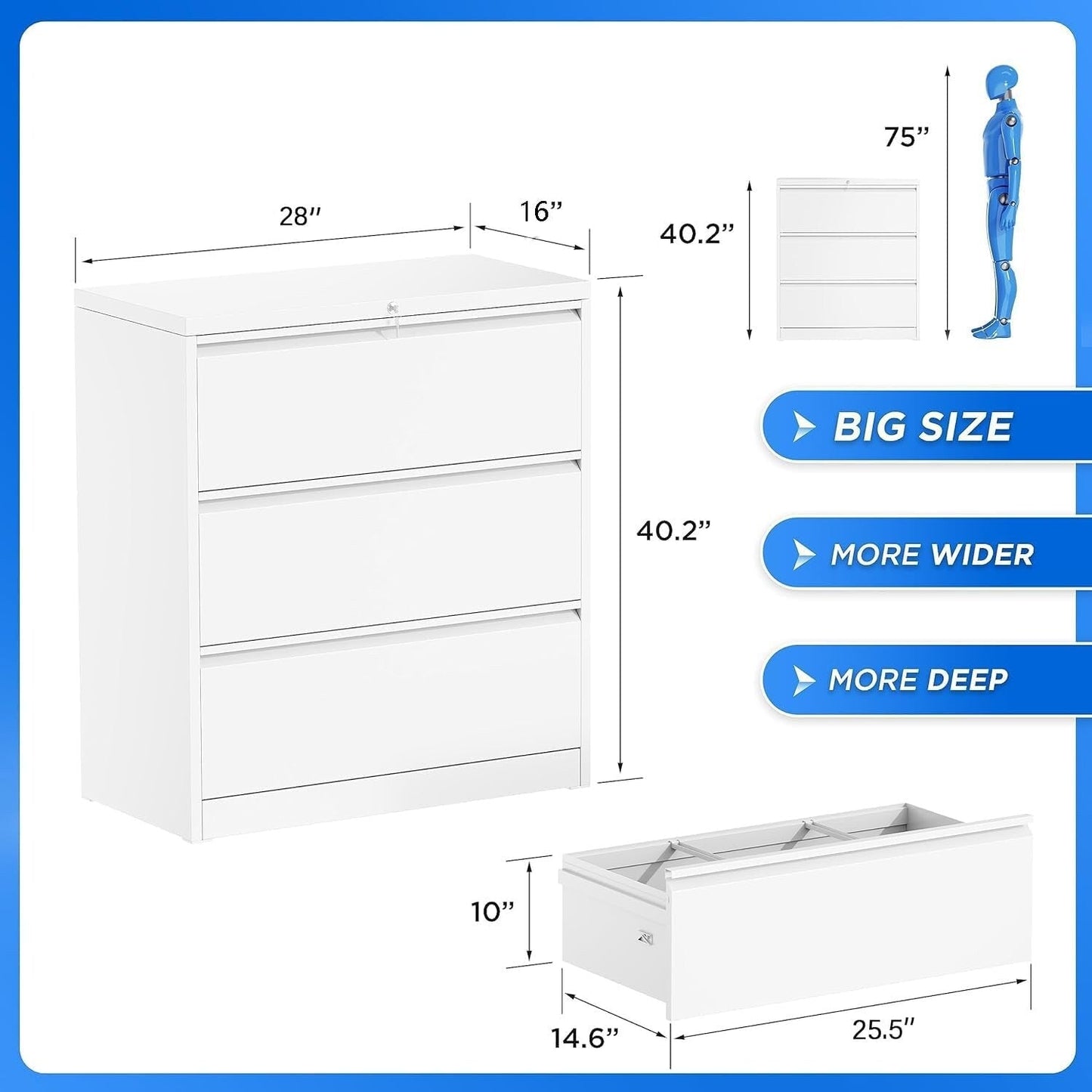 Classeur métallique à 3 tiroirs verrouillables pour bureau à domicile, meuble roulant entièrement assemblé