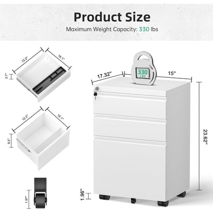 Classeur métallique à 3 tiroirs verrouillables pour bureau à domicile, meuble roulant entièrement assemblé