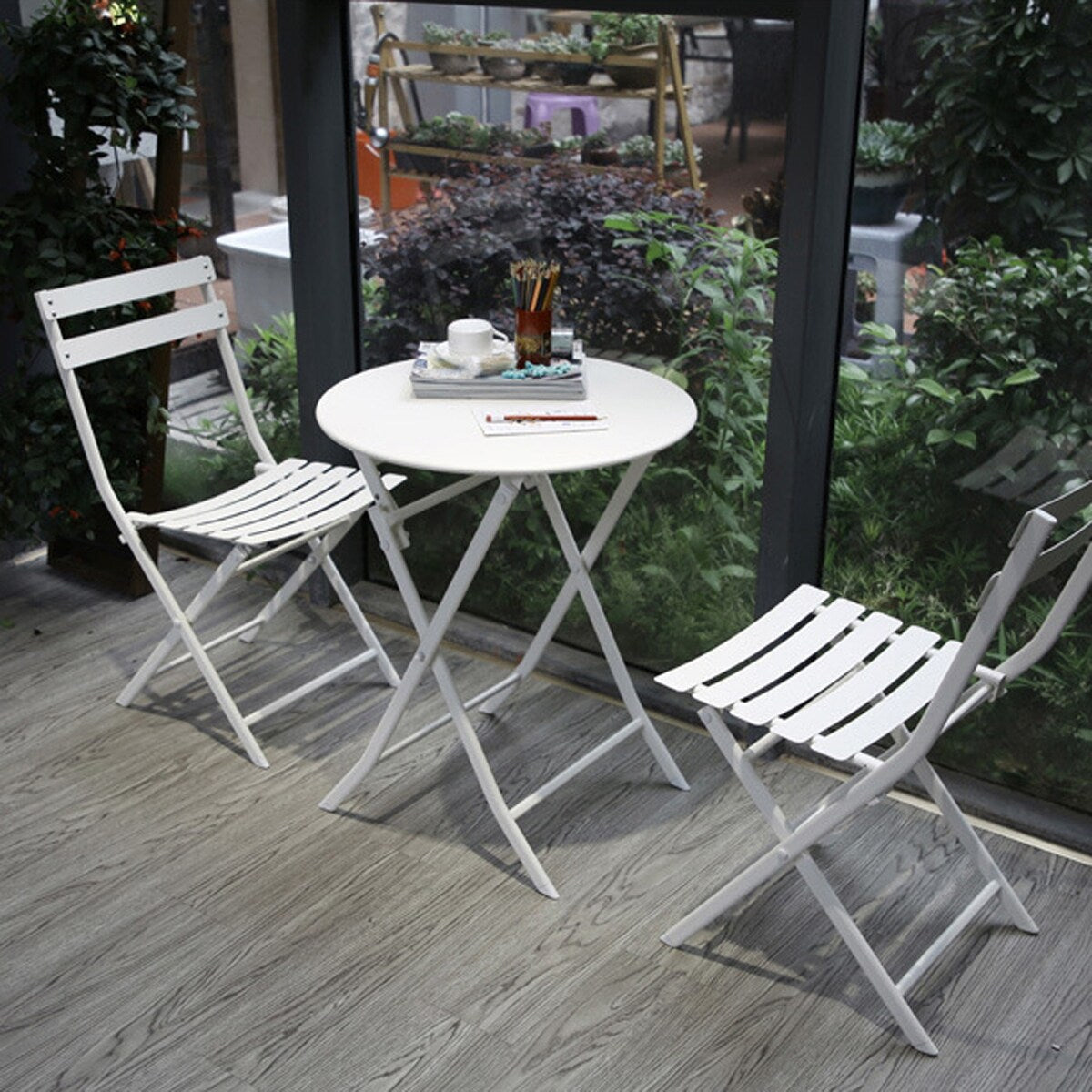Ensemble bistro de patio 3 pièces avec table ronde pliable et chaises