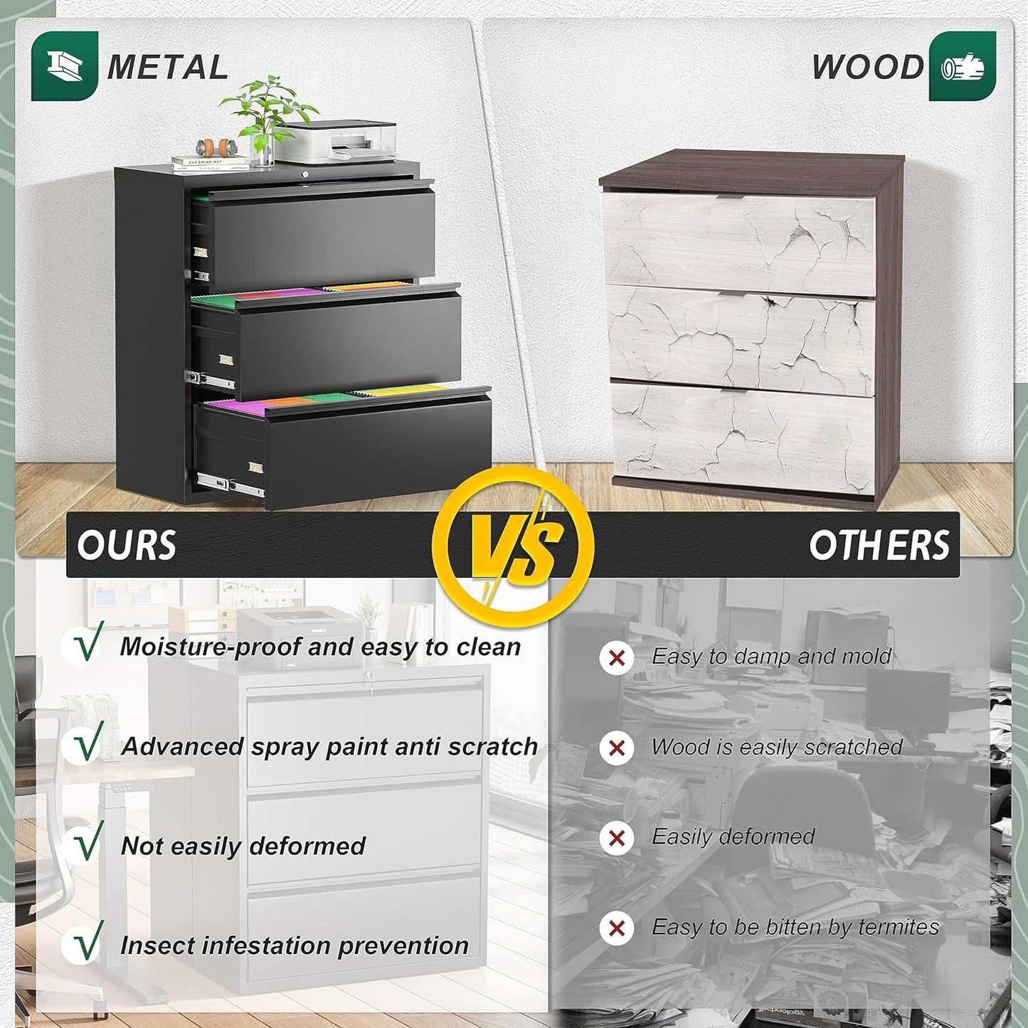 Classeur métallique à 3 tiroirs verrouillables pour bureau à domicile, meuble roulant entièrement assemblé