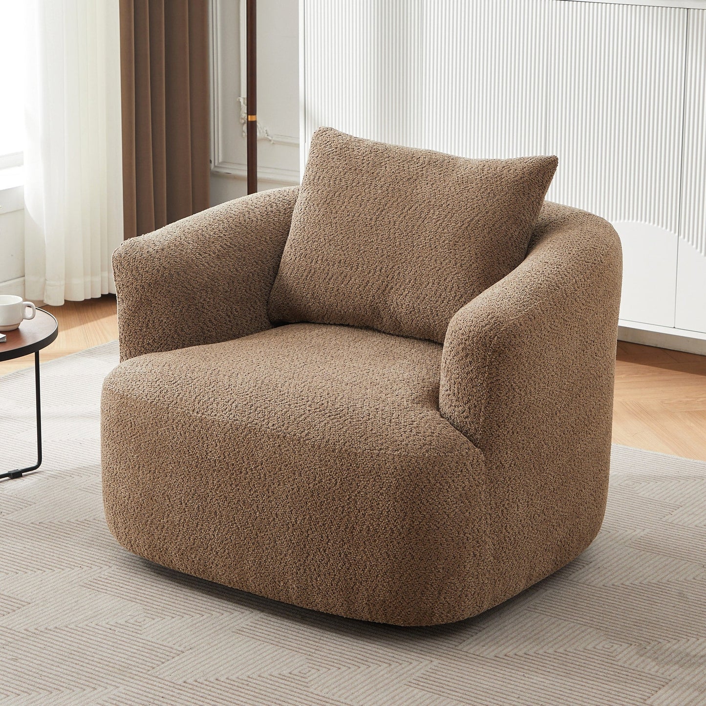 Fauteuil pivotant à 360°, fauteuil d'appoint en bouclette de 38,2 cm avec coussin décoratif, fauteuil-canapé rembourré de forme cylindrique avec accoudoirs incurvés