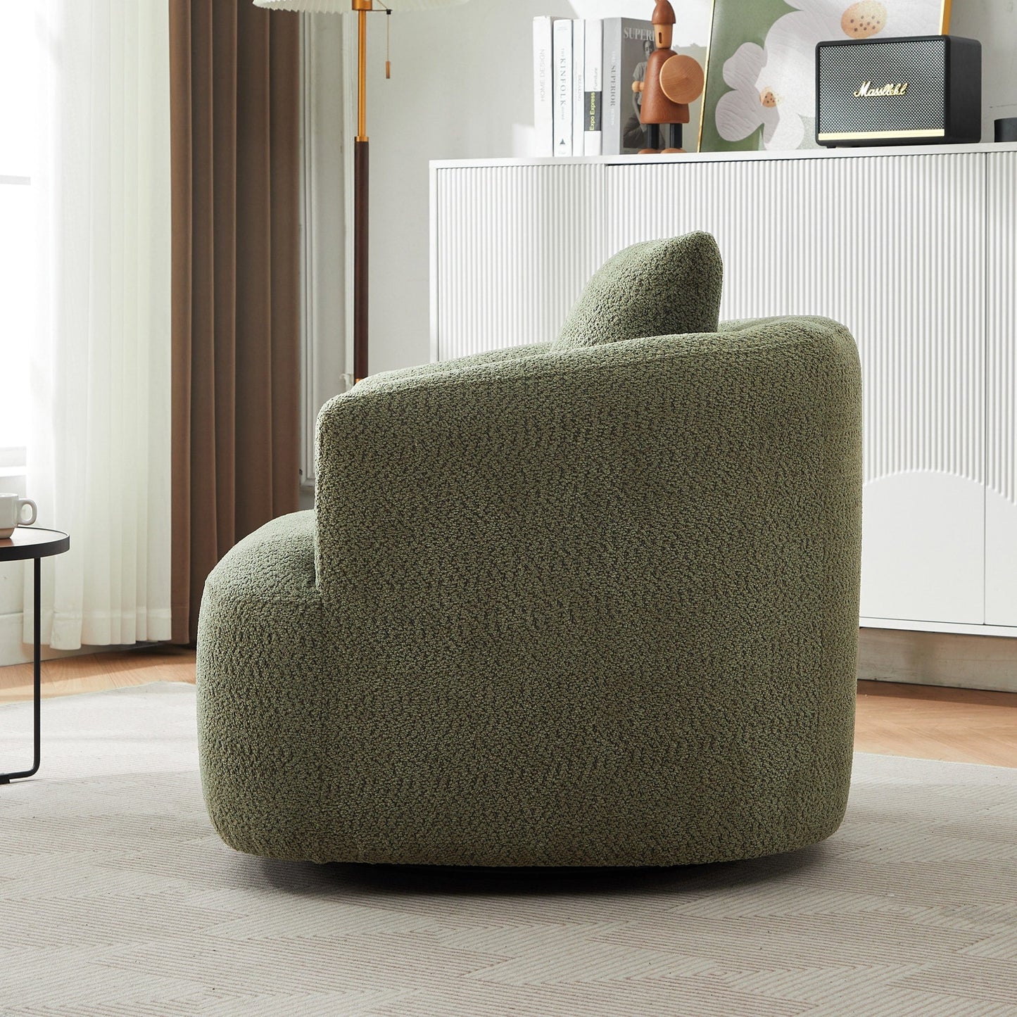 Fauteuil pivotant à 360°, fauteuil d'appoint en bouclette de 38,2 cm avec coussin décoratif, fauteuil-canapé rembourré de forme cylindrique avec accoudoirs incurvés