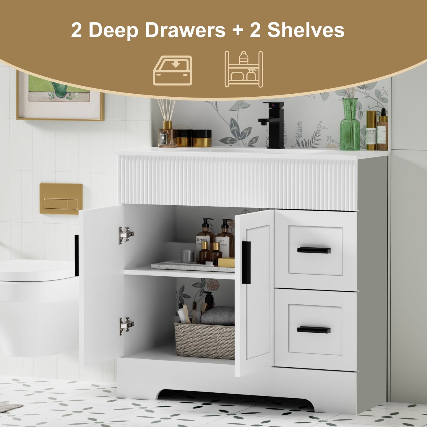 Ensemble de meuble-lavabo Wavy Line 30/36/48 avec lavabo et robinet