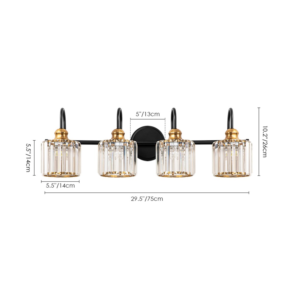 Applique murale moderne chromée/noire/dorée au-dessus d'un miroir, en cristal, pour salle de bain et toilettes.