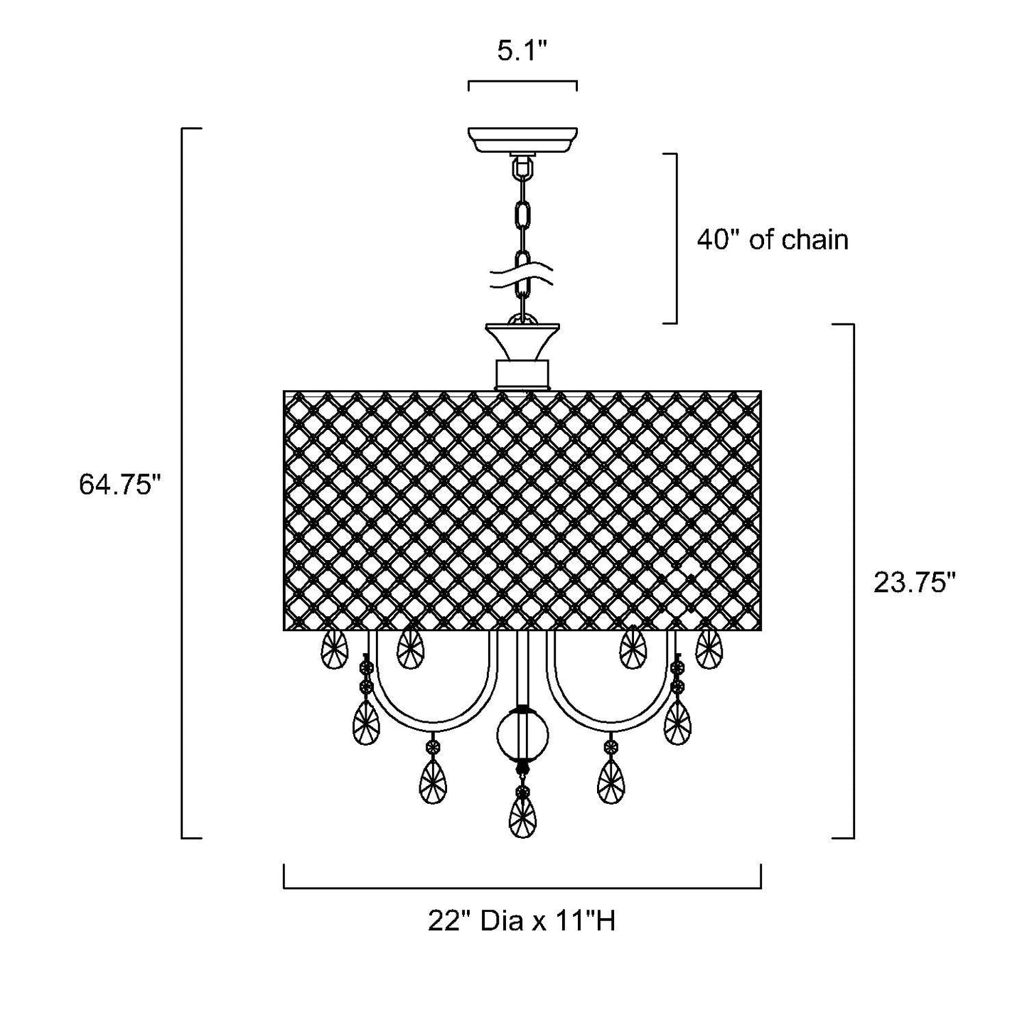 Lustre tambour à perles rondes avec cristaux suspendus