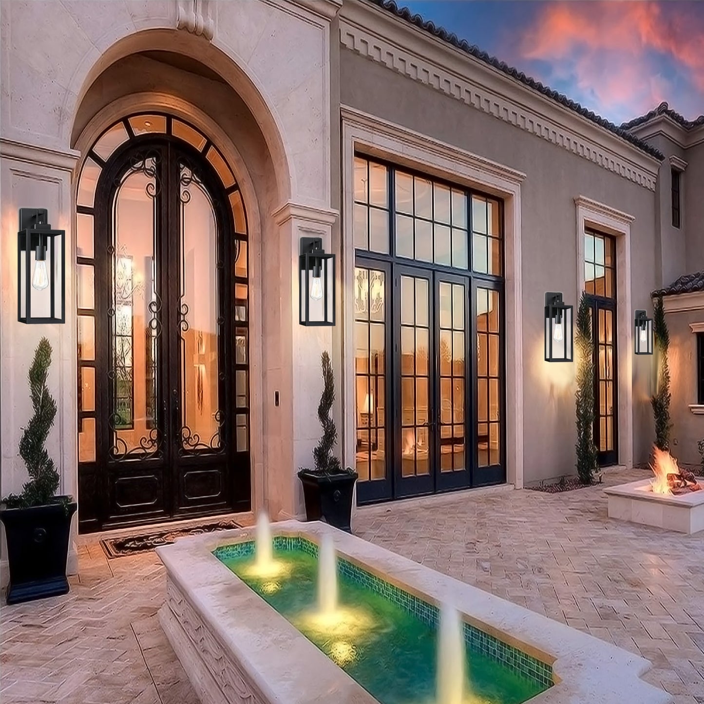 Lot de 4 appliques murales extérieures à 1 lumière, finition noir mat et abat-jour en verre transparent