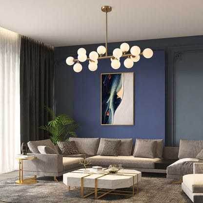Lustre linéaire moderne du milieu du siècle de 40 po, suspension Spoutnik à 16 ampoules en laiton doré avec globe en verre dépoli pour salle à manger