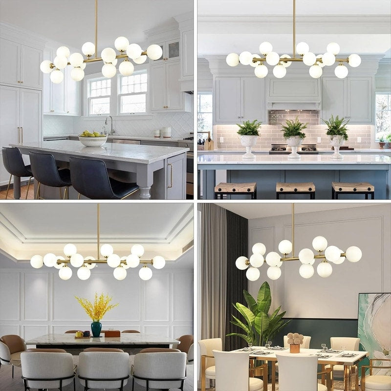 Lustre linéaire moderne du milieu du siècle de 40 po, suspension Spoutnik à 16 ampoules en laiton doré avec globe en verre dépoli pour salle à manger