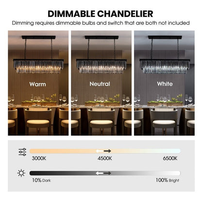 Lustre contemporain en cristal gris fumé et noir de 47 po, design linéaire à deux niveaux, luminaire suspendu pour îlot de cuisine et salle à manger.