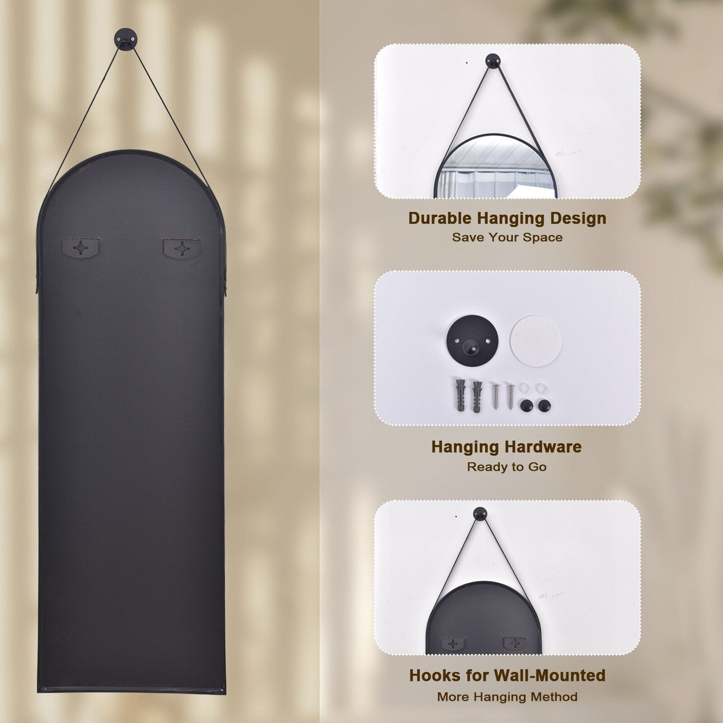 Miroir mural suspendu pleine longueur 48 x 16 avec sangle en cuir